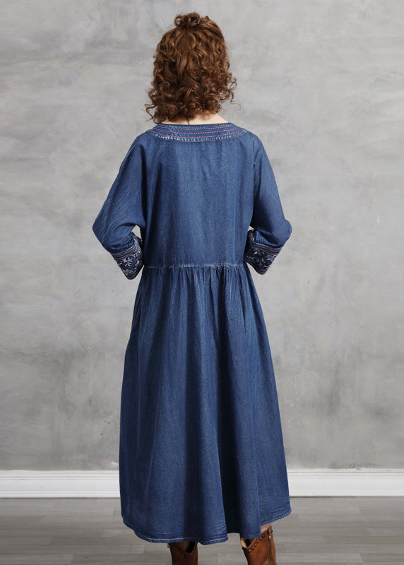 Plus Size Blue Embroideried Asymmetrical Design Tie Waist Cotton Denim Dresses Bracelet Sleeve