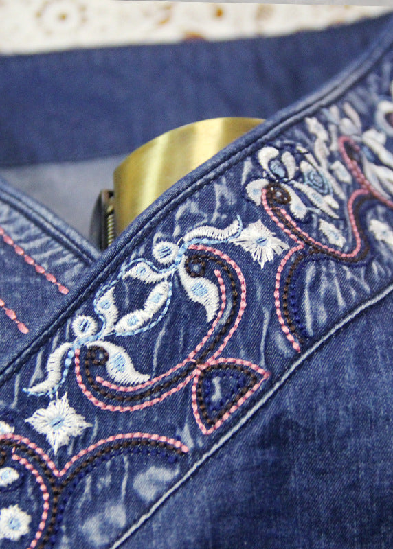 Plus Size Blue Embroideried Asymmetrical Design Tie Waist Cotton Denim Dresses Bracelet Sleeve