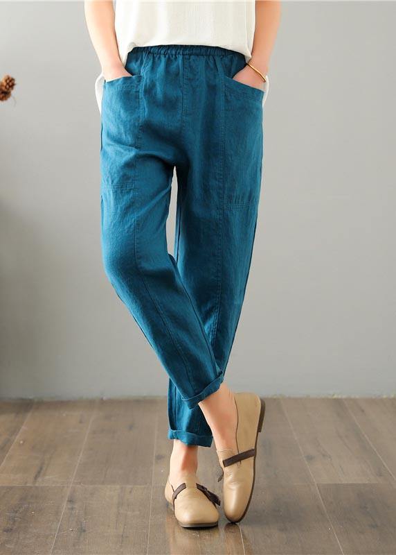 Plus Size Blue Harem Cotton Linen Summer Pants - Omychic