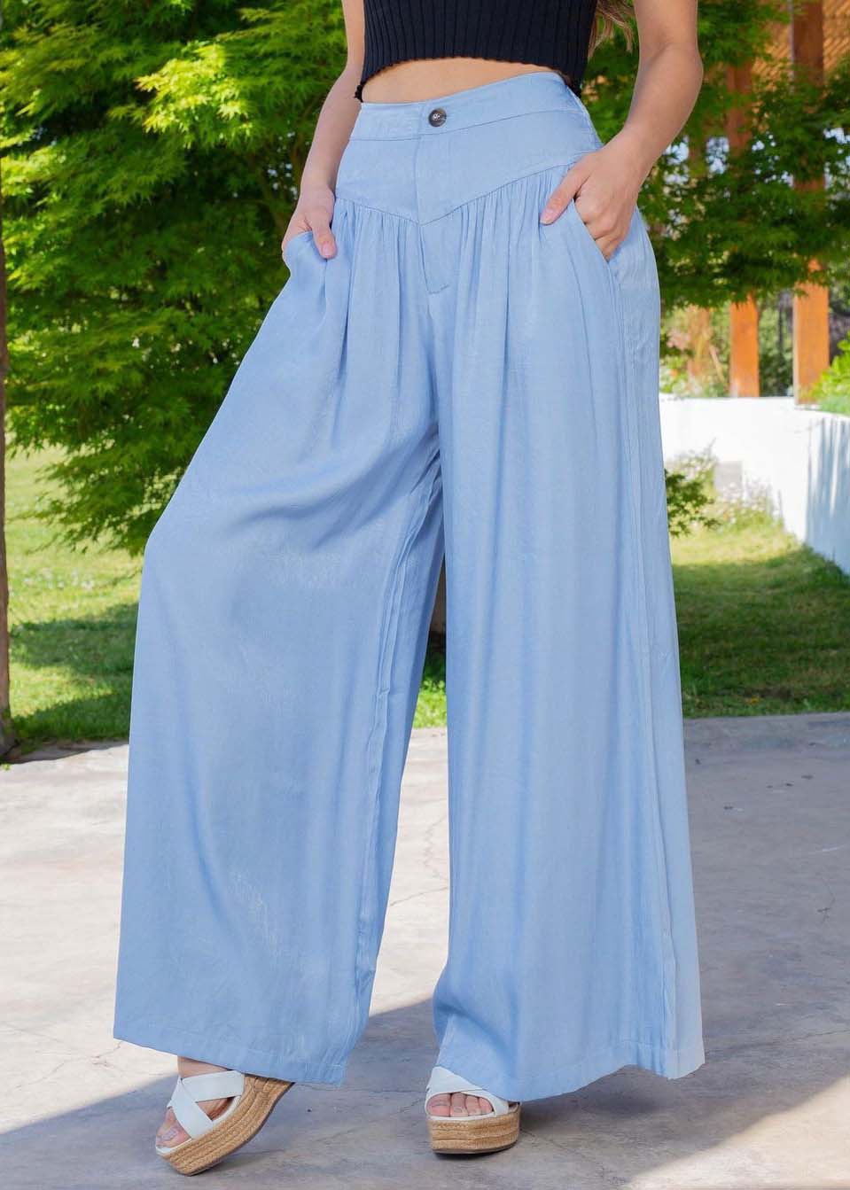 Plus Size Blue High Waist Patchwork Wrinkled Denim Wide Leg Pants Summer