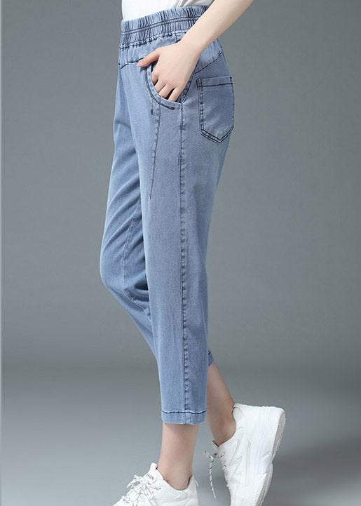 Plus Size Blue High Waist Pockets Jeans Summer