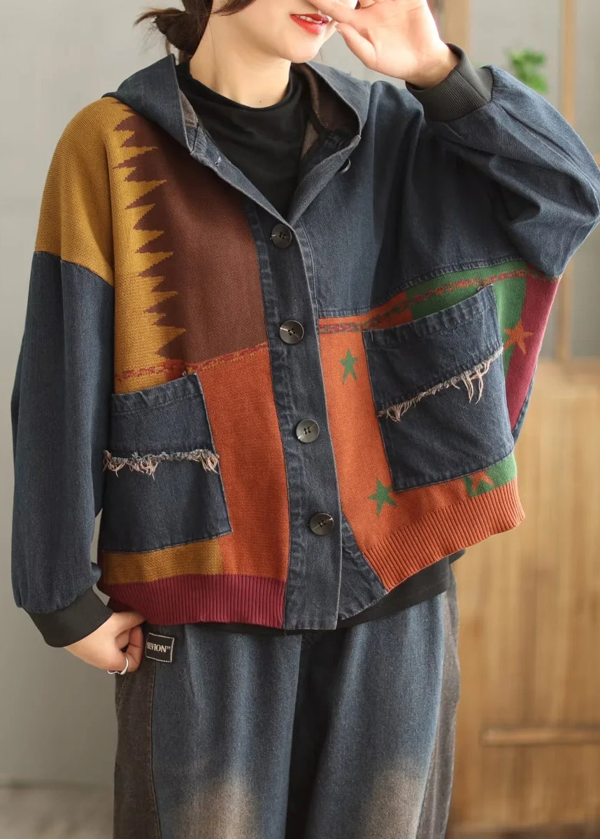 Plus Size Blue Hooded Pockets Patchwork Denim Coat Spring