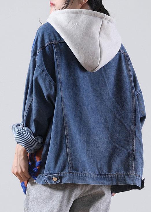 Plus Size Blue Hooded drawstring denim Patchwork Sweater Winter - Omychic