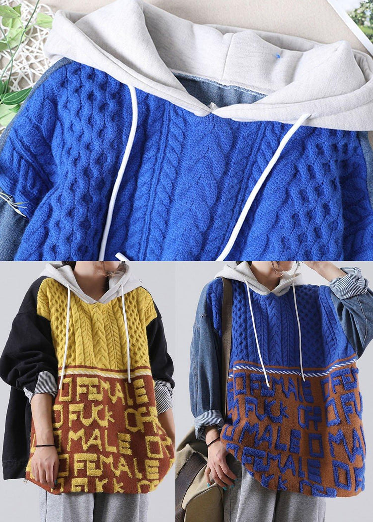 Plus Size Blue Hooded drawstring denim Patchwork Sweater Winter - Omychic