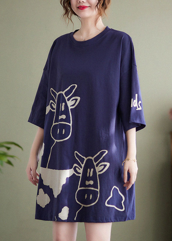 Plus Size Blue O-Neck Cow Print Cotton Vacation Dresses Short Sleeve