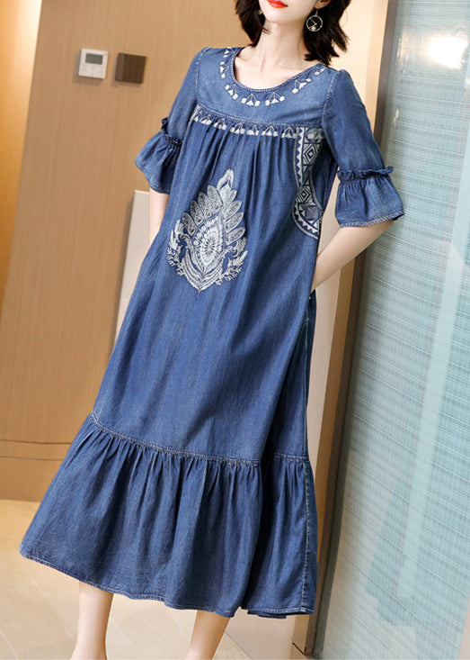 Plus Size Blue O-Neck Embroideried Ruffles Cotton Denim Dress Flare Sleeve