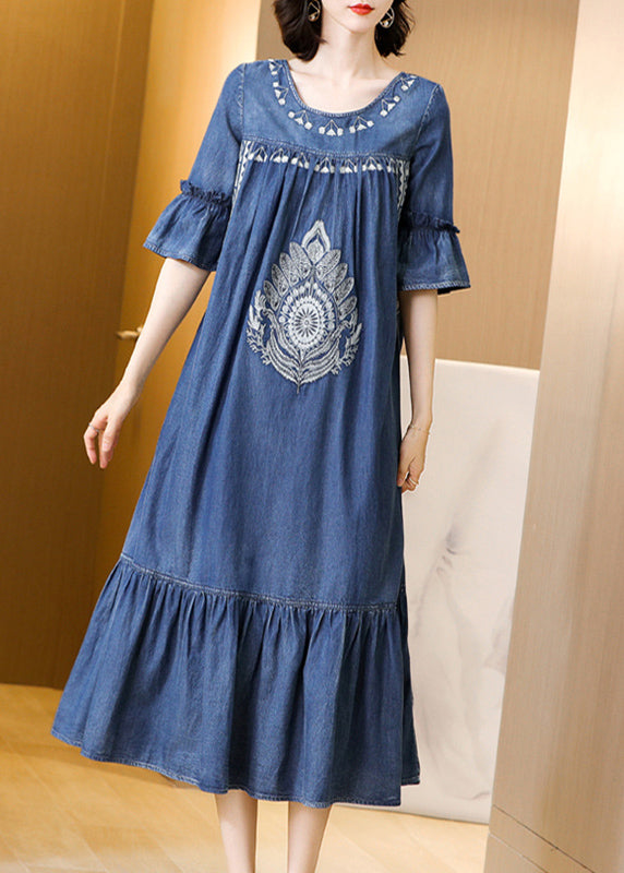 Plus Size Blue O-Neck Embroideried Ruffles Cotton Denim Dress Flare Sleeve