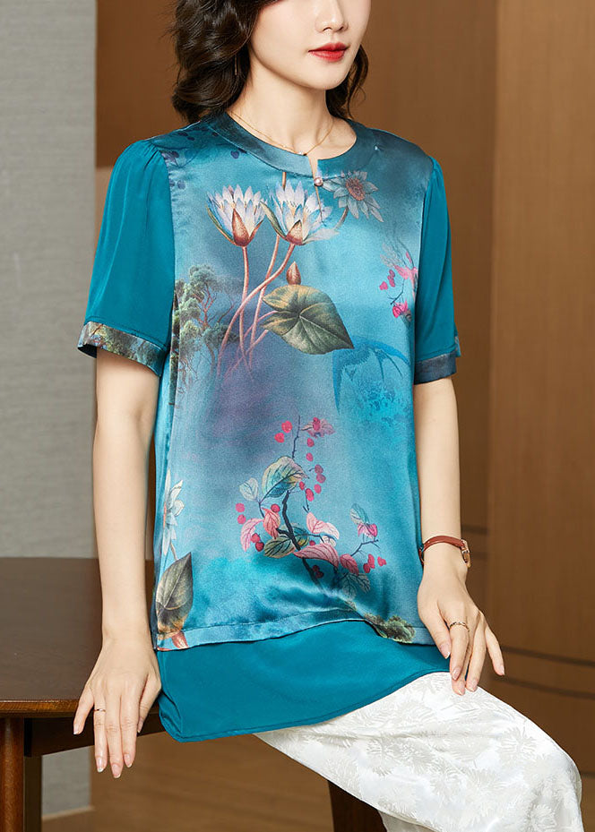 Plus Size Blue O-Neck Patchwork Print Silk Tank Tops Short Sleeve