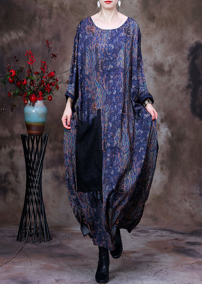 Plus Size Blue O-Neck Print Big Pocket Silk Ankle Dress Long Sleeve