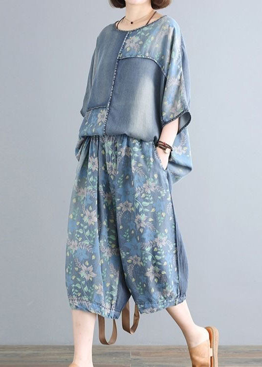 Plus Size Blue O-Neck Print Patchwork Denim Two Pieces Set Summer