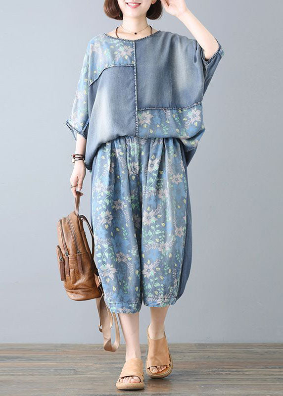 Plus Size Blue O-Neck Print Patchwork Denim Two Pieces Set Summer