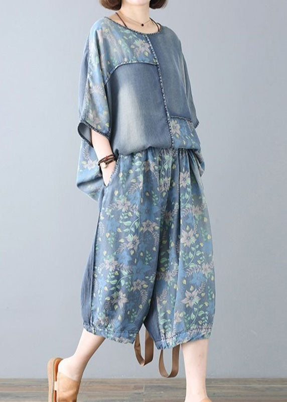 Plus Size Blue O-Neck Print Patchwork Denim Two Pieces Set Summer