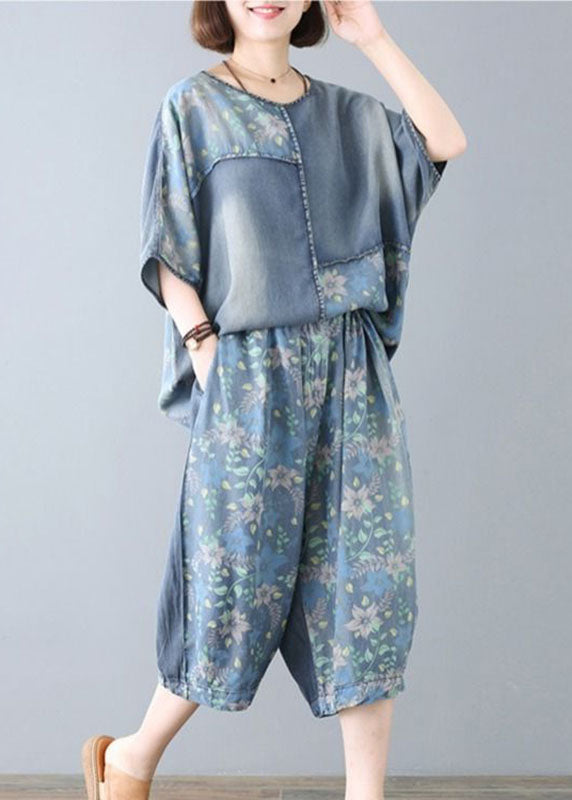 Plus Size Blue O-Neck Print Patchwork Denim Two Pieces Set Summer