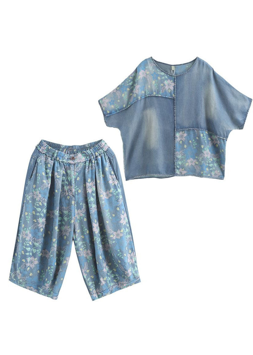 Plus Size Blue O-Neck Print Patchwork Denim Two Pieces Set Summer