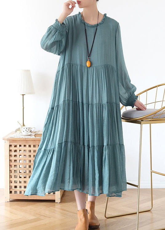 Plus Size Blue O-Neck Ruffled Wrinkled Vacation Dress lantern sleeve