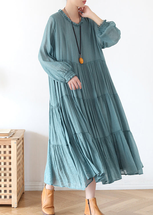 Plus Size Blue O-Neck Ruffled Wrinkled Vacation Dress lantern sleeve