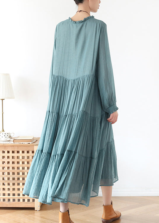 Plus Size Blue O-Neck Ruffled Wrinkled Vacation Dress lantern sleeve