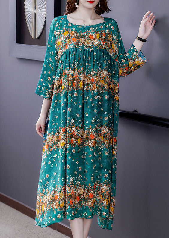 Plus Size Blue Patchwork Print Silk Dress Spring