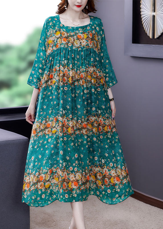 Plus Size Blue Patchwork Print Silk Dress Spring
