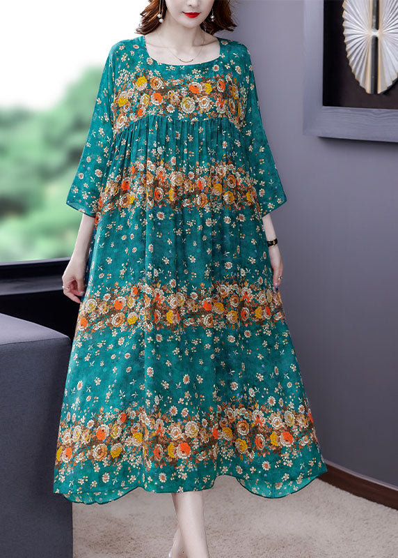 Plus Size Blue Patchwork Print Silk Dress Spring