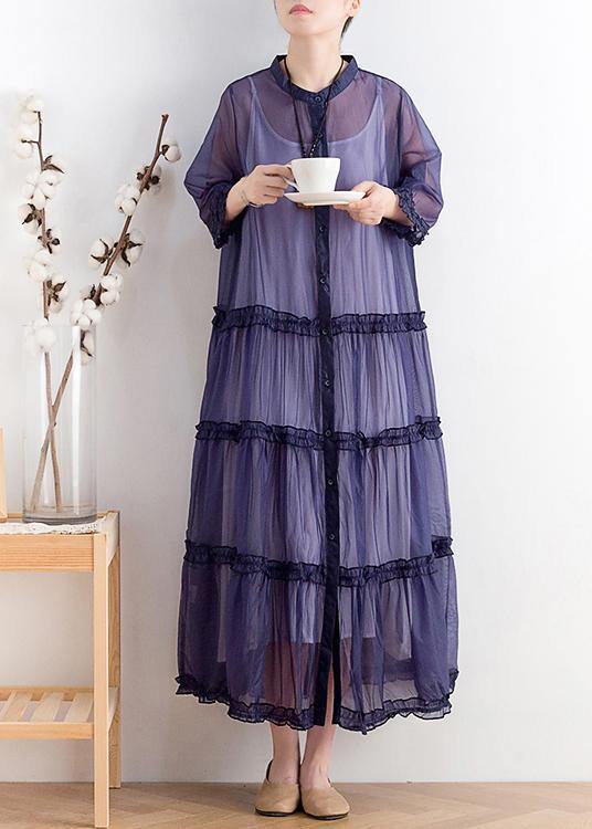 Plus Size Blue Patchwork Three Quarter sleeve Robe Summer Chiffon Dress - Omychic