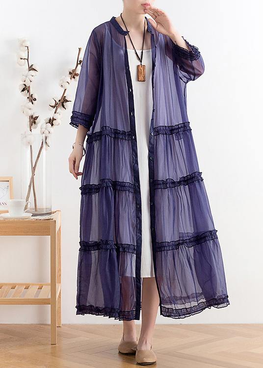 Plus Size Blue Patchwork Three Quarter sleeve Robe Summer Chiffon Dress - Omychic