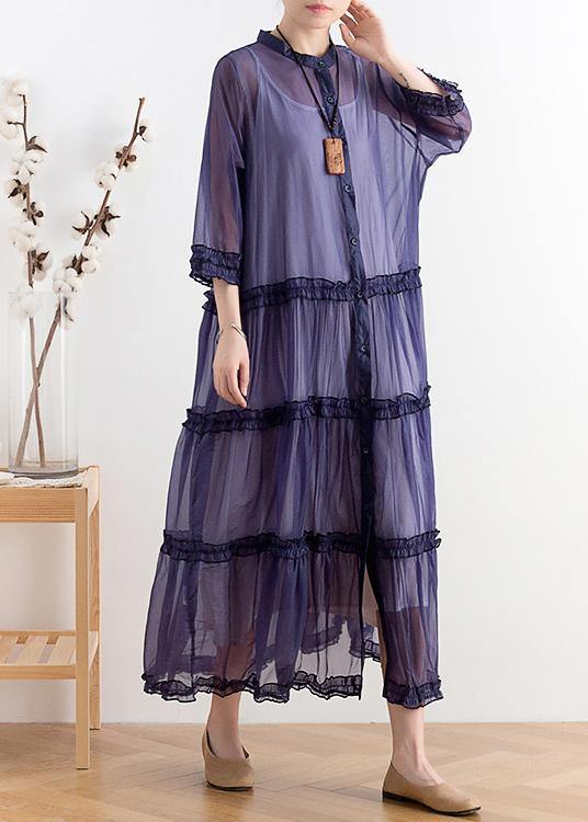 Plus Size Blue Patchwork Three Quarter sleeve Robe Summer Chiffon Dress - Omychic