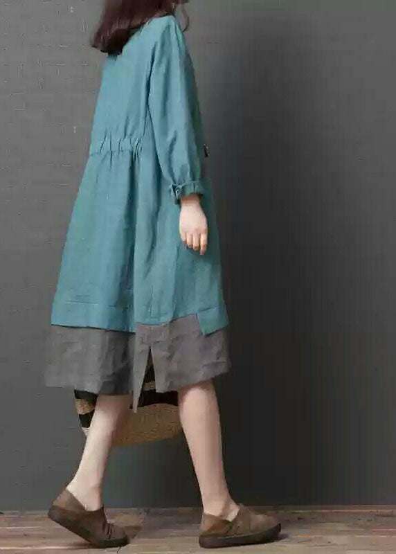 Plus Size Blue Peter Pan Collar Patchwork Linen Shirt Dress Spring