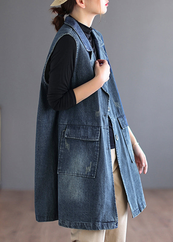 Plus Size Blue Peter Pan Collar Pockets Denim Waistcoat Long Sleeve