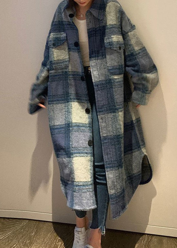 Plus Size Blue Peter Pan Collar Pockets Plaid Woolen Long Coats Fall