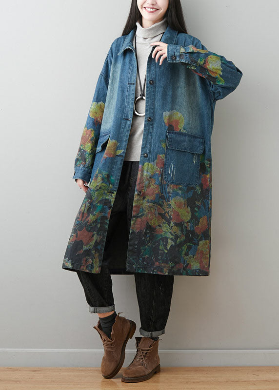 Plus Size Blue Peter Pan Collar Pockets Print Cotton Denim Coats Spring