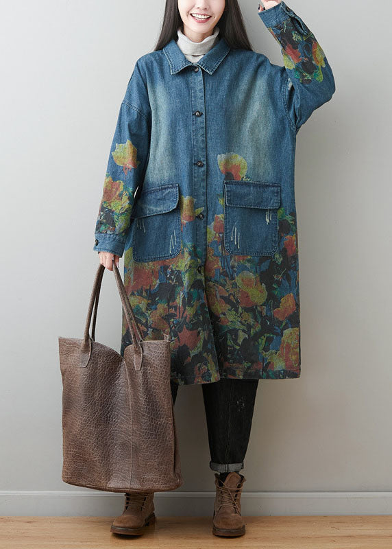 Plus Size Blue Peter Pan Collar Pockets Print Cotton Denim Coats Spring