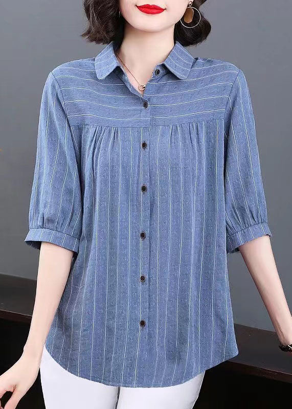 Plus Size Blue Peter Pan Collar Striped Patchwork Cotton Shirt Tops Summer