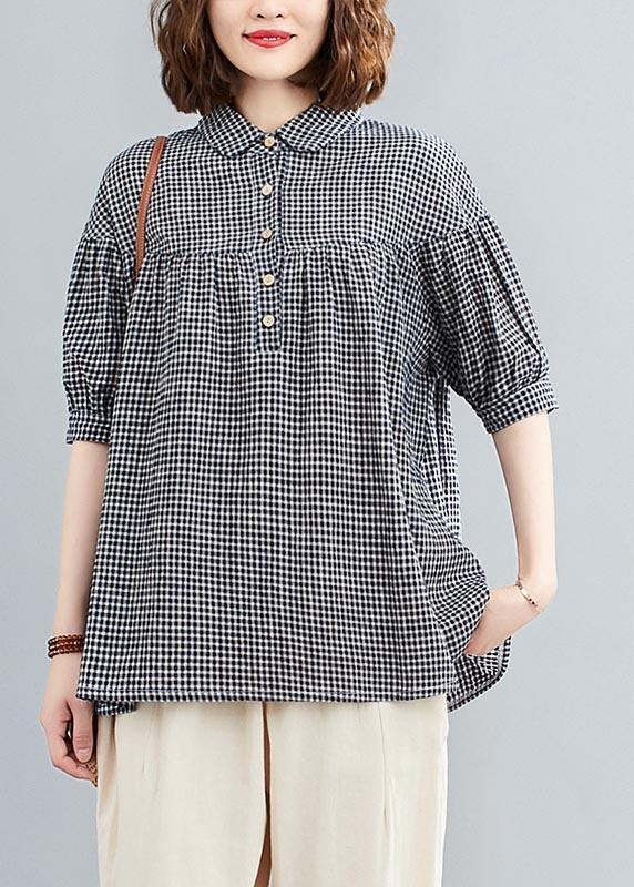 Plus Size Blue Plaid Button Cotton Linen Shirt Tops Summer - Omychic