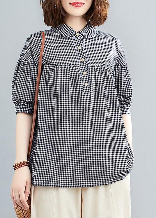 Plus Size Blue Plaid Button Cotton Linen Shirt Tops Summer - Omychic