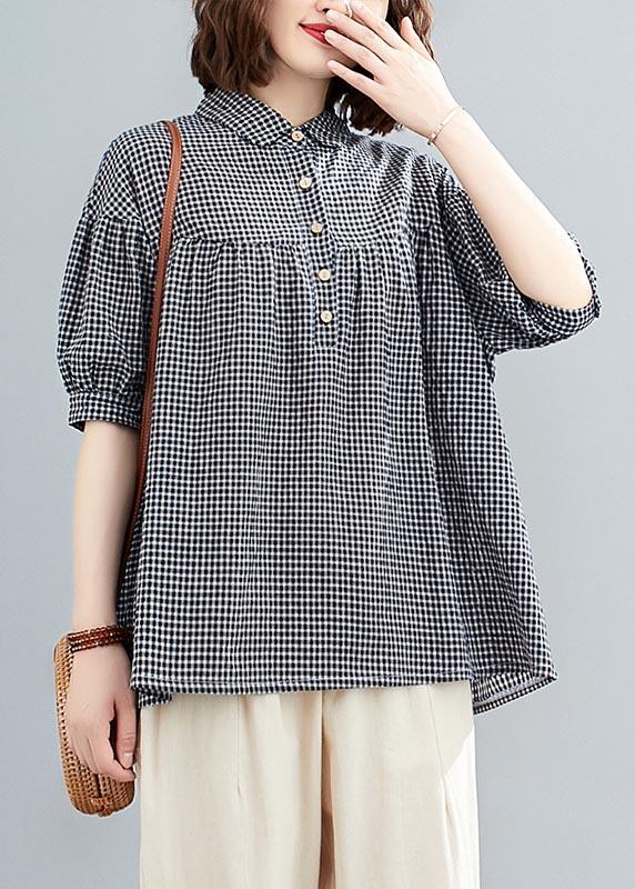 Plus Size Blue Plaid Button Cotton Linen Shirt Tops Summer - Omychic