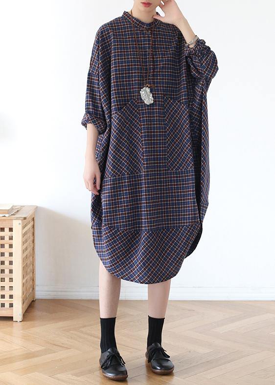 Plus Size Blue Plaid Cotton long shirt Button Spring Long Dresses - Omychic