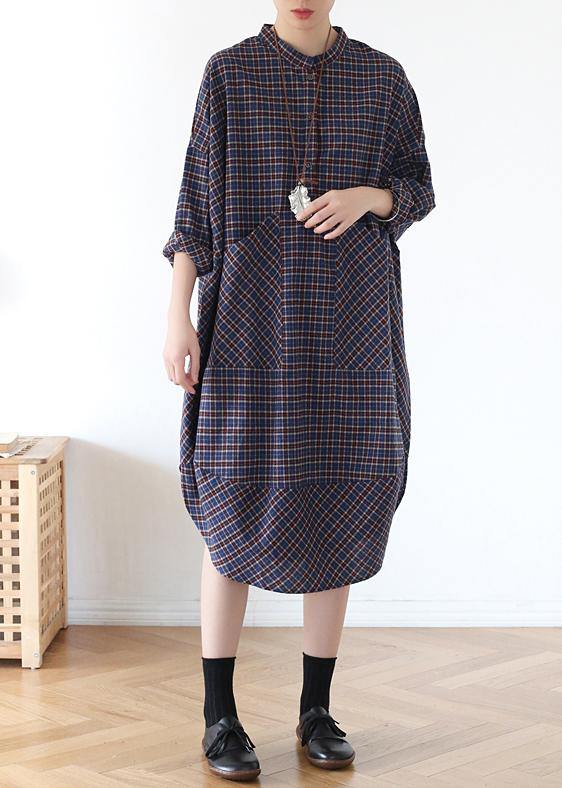 Plus Size Blue Plaid Cotton long shirt Button Spring Long Dresses - Omychic