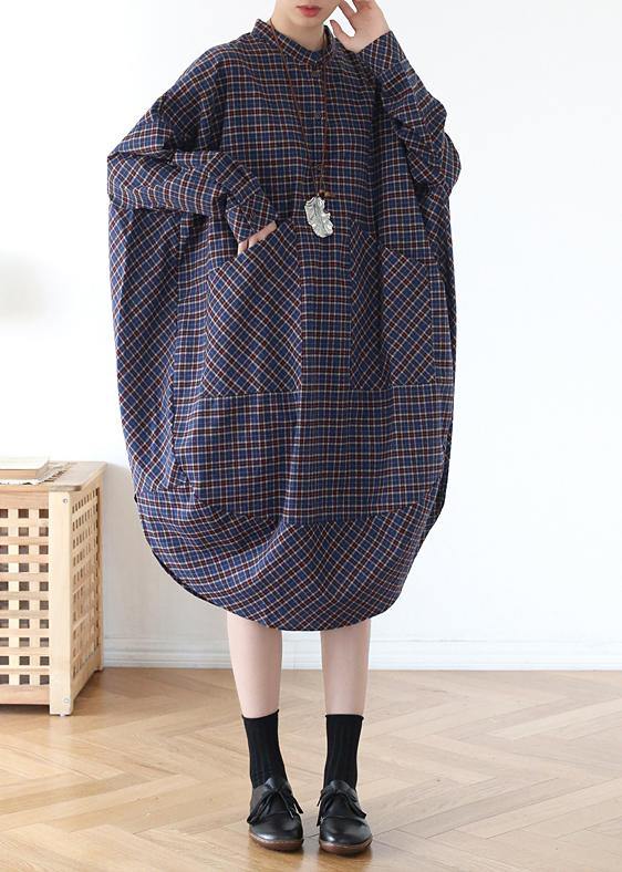 Plus Size Blue Plaid Cotton long shirt Button Spring Long Dresses - Omychic