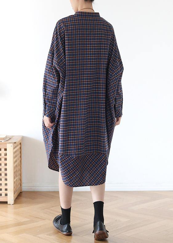 Plus Size Blue Plaid Cotton long shirt Button Spring Long Dresses - Omychic