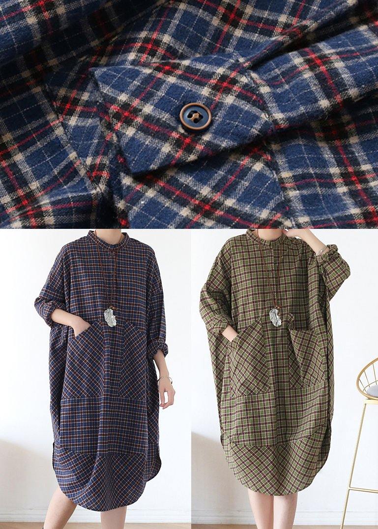 Plus Size Blue Plaid Cotton long shirt Button Spring Long Dresses - Omychic