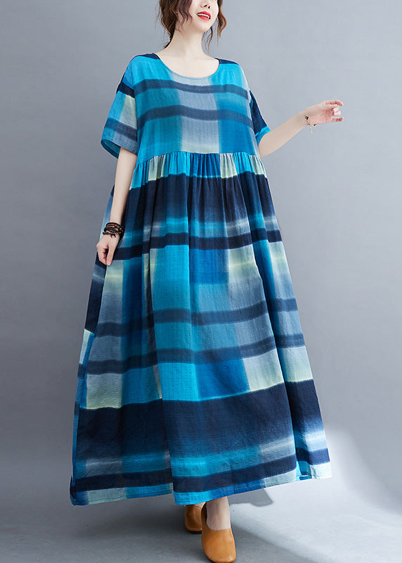 Plus Size Blue Plaid O-Neck Patchwork Maxi Dresses Summer