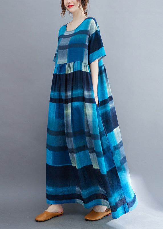 Plus Size Blue Plaid O-Neck Patchwork Maxi Dresses Summer