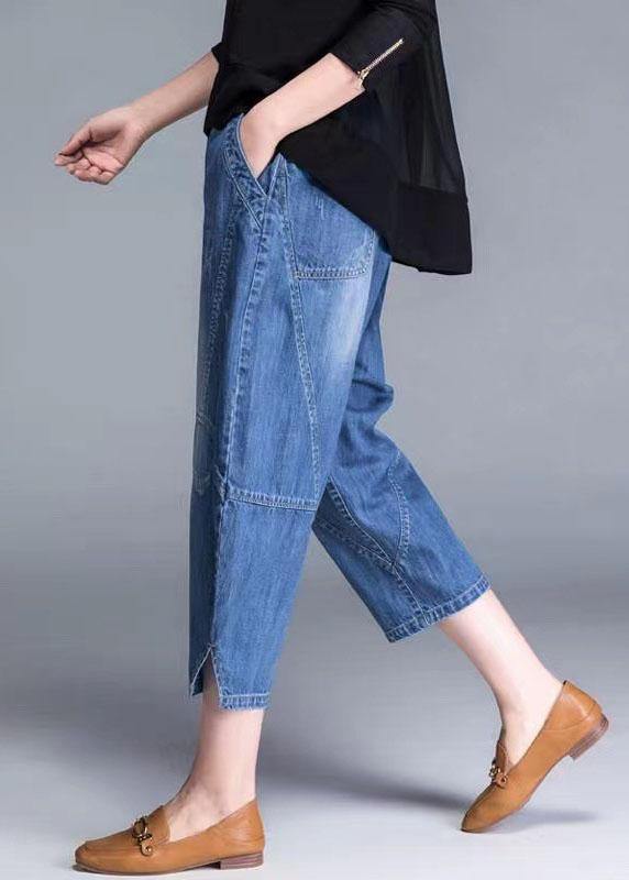 Plus Size Blue Pockets Patchwork lantern Fall Denim Pants - Omychic