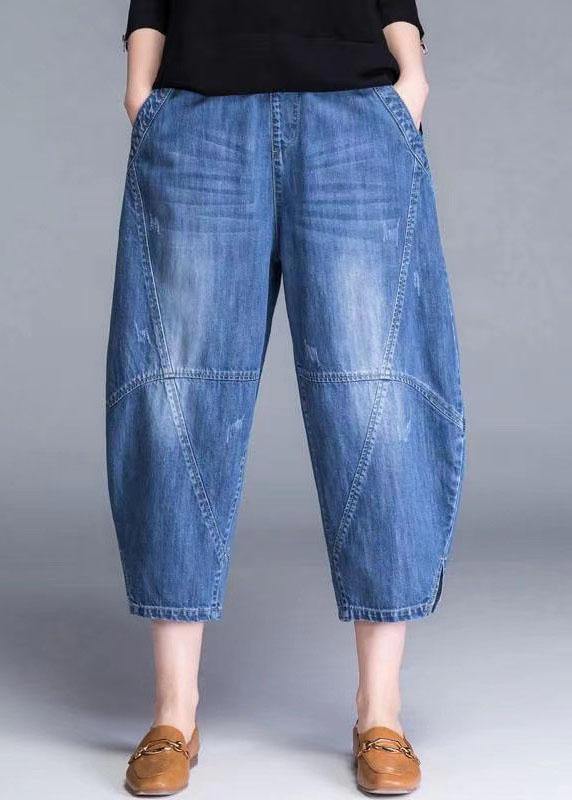 Plus Size Blue Pockets Patchwork lantern Fall Denim Pants - Omychic