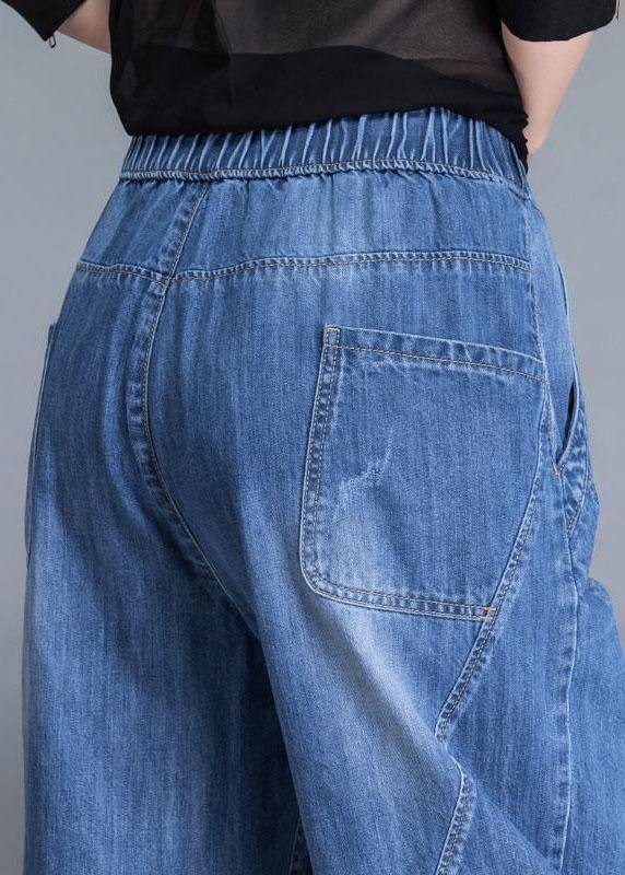 Plus Size Blue Pockets Patchwork lantern Fall Denim Pants - Omychic