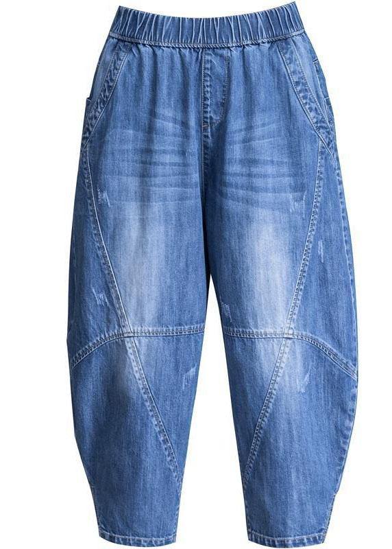 Plus Size Blue Pockets Patchwork lantern Fall Denim Pants - Omychic