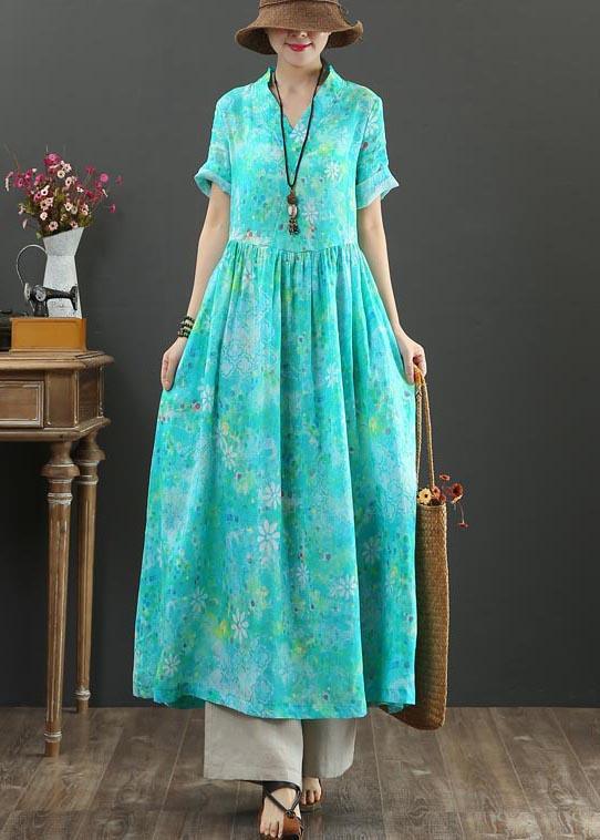 Plus Size Blue Print Linen A Line Summer Holiday Dress - Omychic