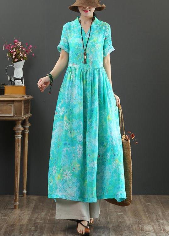 Plus Size Blue Print Linen A Line Summer Holiday Dress - Omychic