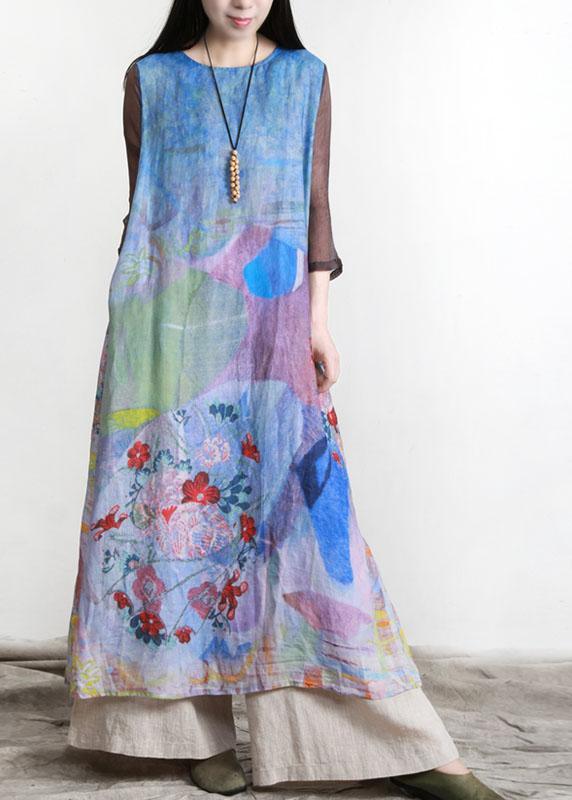 Plus Size Blue Print Maxi Summer Half Sleeve Linen Dress - Omychic